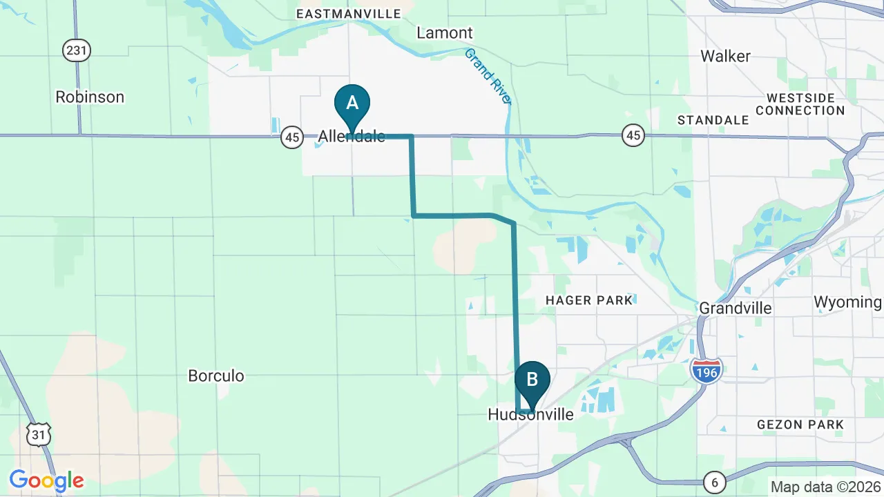 Driving directions map from Allendale, MI to Live Well Family Chiropractic in Houston