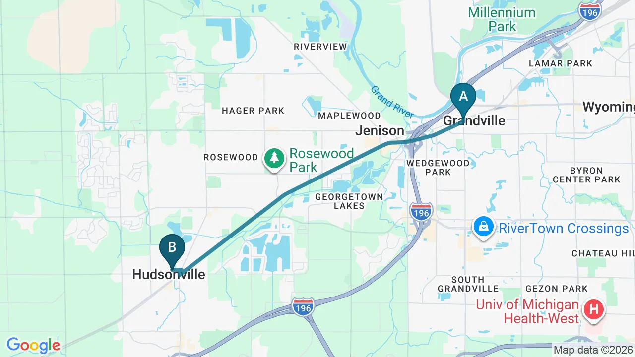 Driving directions map from Grandville, MI to Live Well Family Chiropractic in Houston
