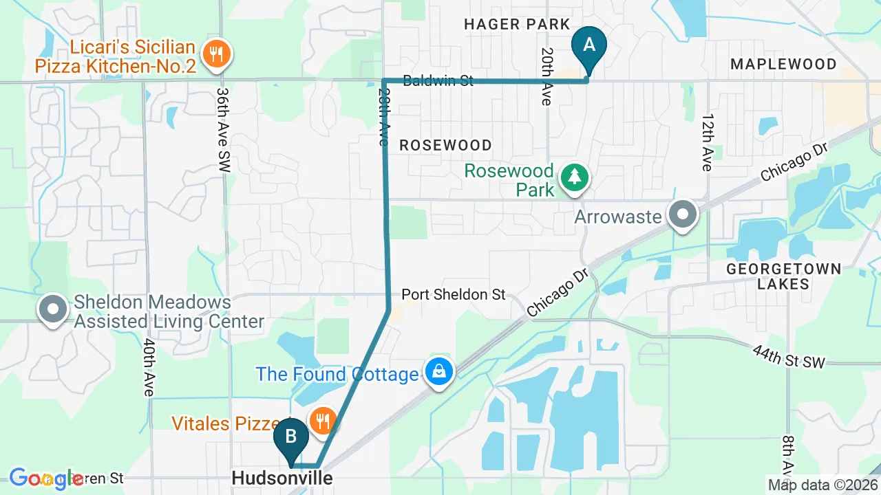 Driving directions map from Jenison, MI to Live Well Family Chiropractic in Houston