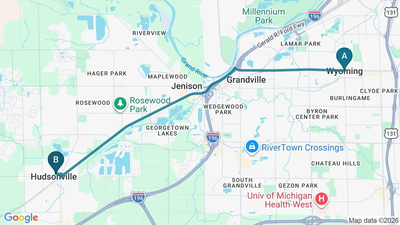 Driving directions map from Wyoming, MI to Live Well Family Chiropractic in Houston