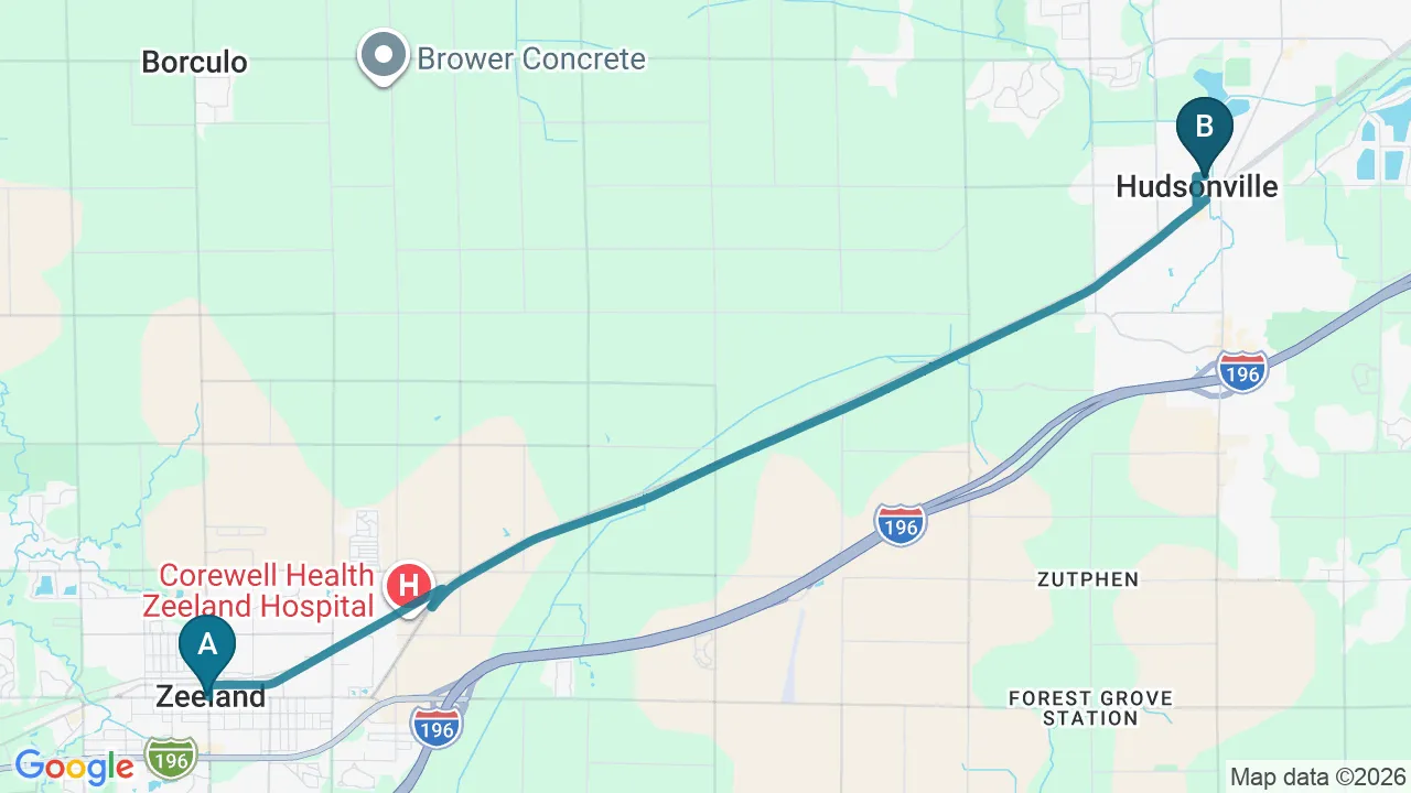 Driving directions map from Zeeland, MI to Live Well Family Chiropractic in Houston